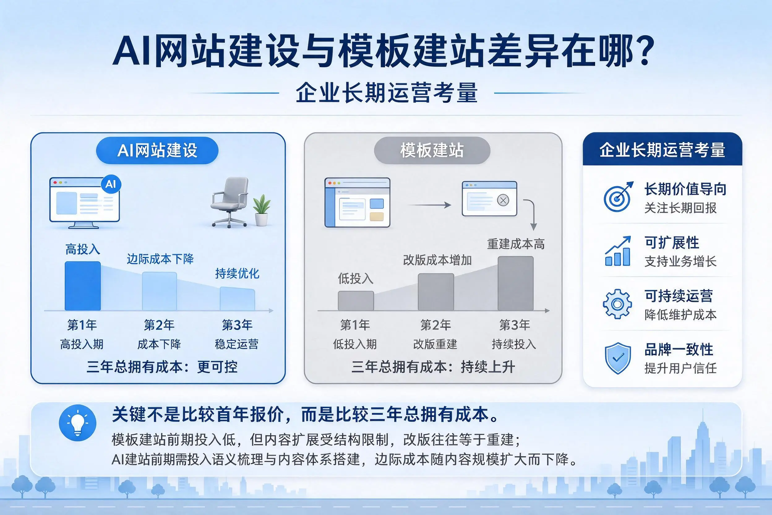 AI网站建设与模板建站差异在哪？日喀则企业长期运营考量